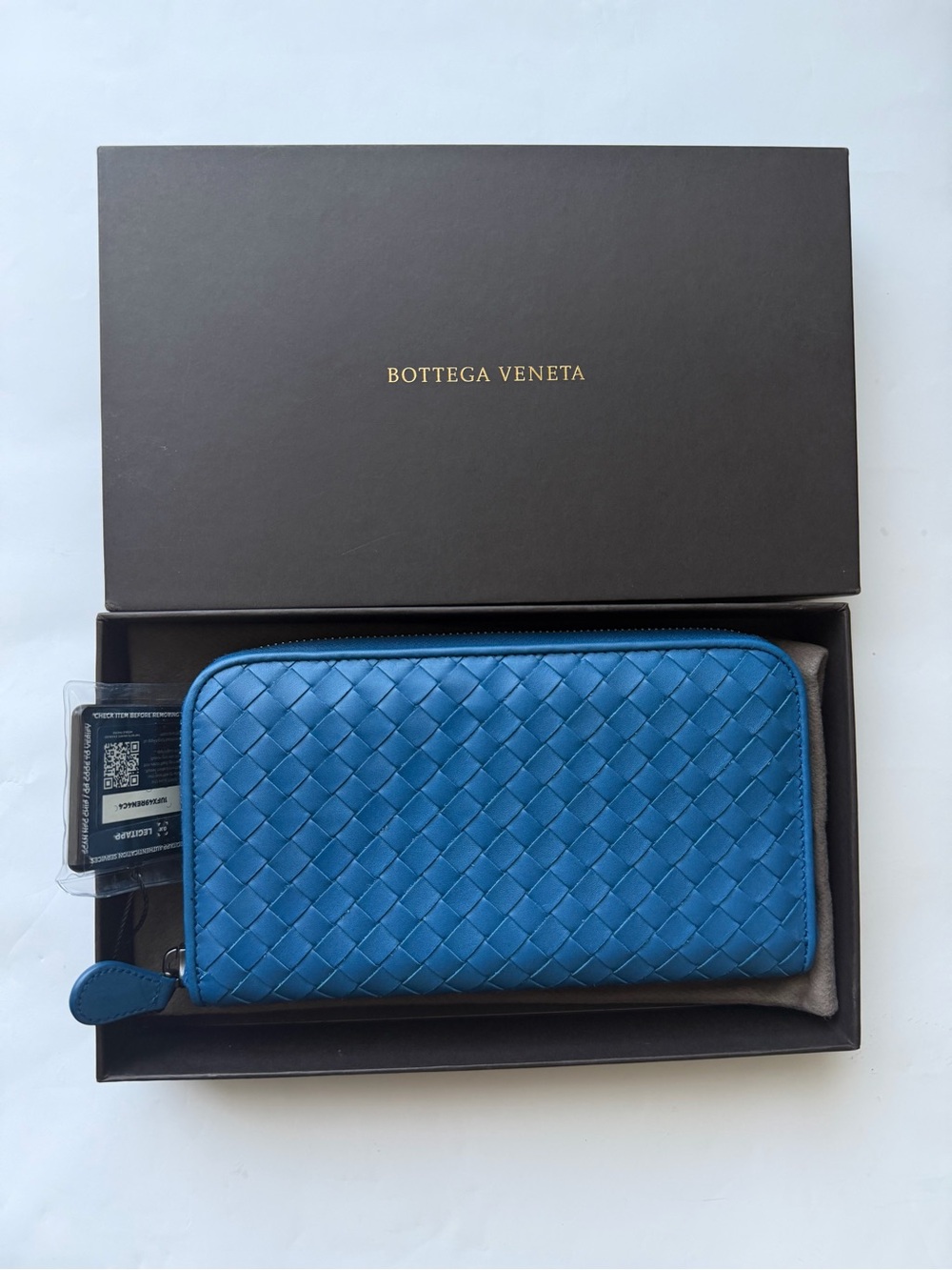 Bottega Veneta Blue Intrecciato Zippy Wallet with COA LIKE NEW
